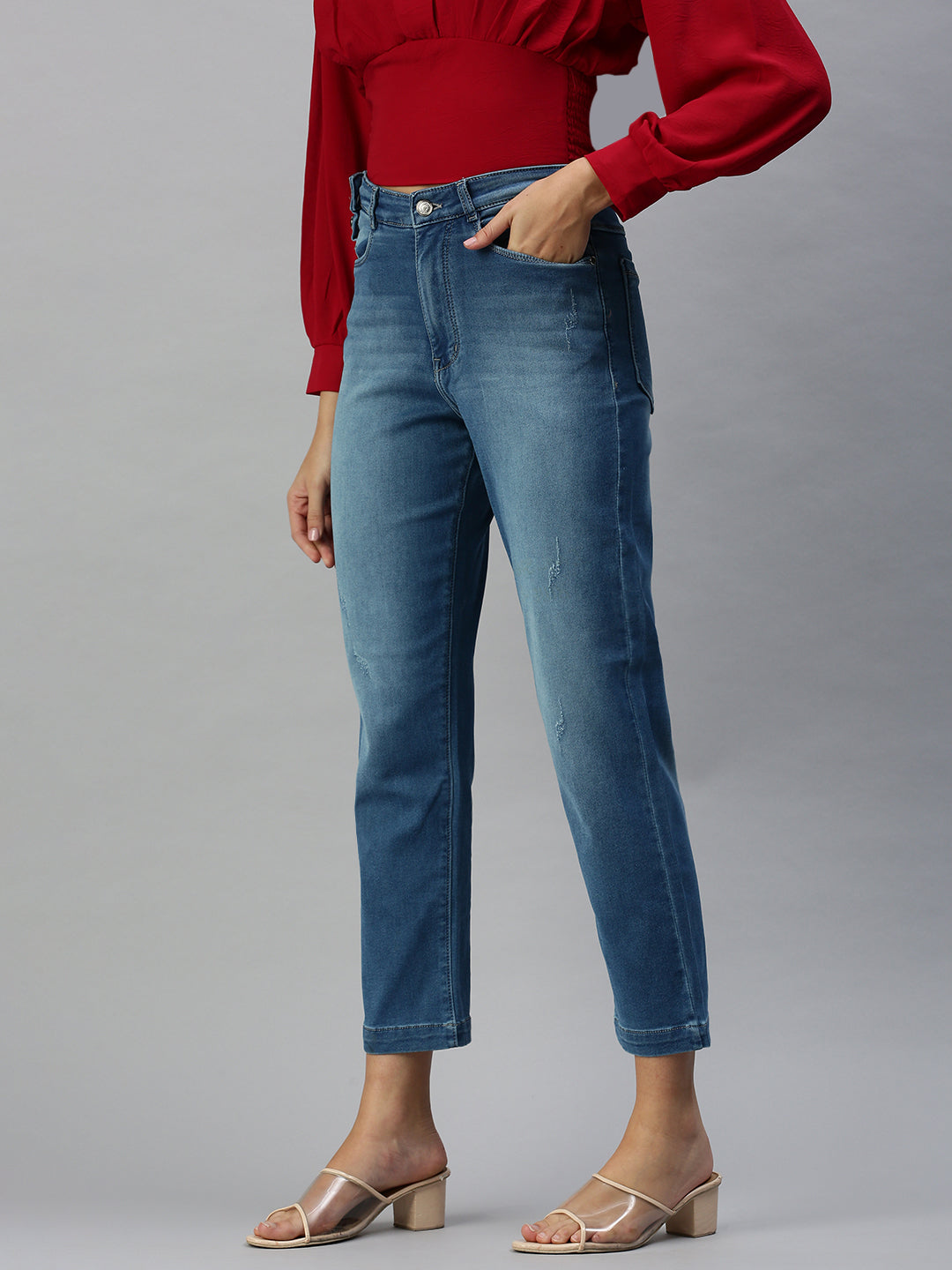 Women's Blue Straight Fit High-Rise Low Distress Light Fade Stretchable Denim Jeans