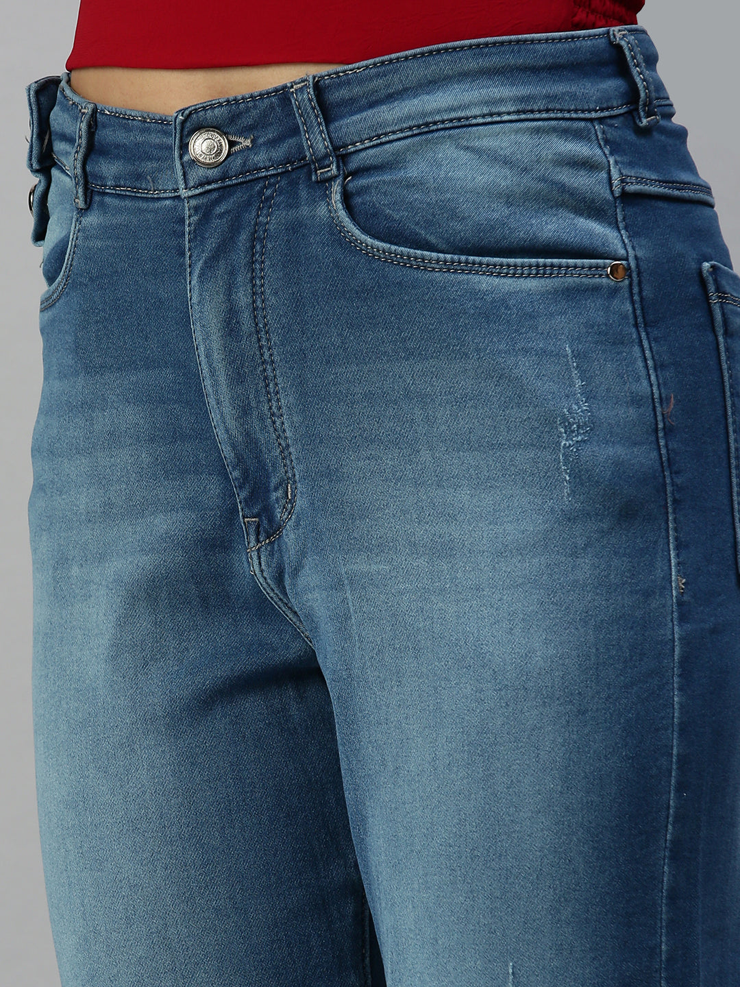 Women's Blue Straight Fit High-Rise Low Distress Light Fade Stretchable Denim Jeans