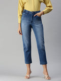 Women's Blue Straight Fit High-Rise Low Distress Light Fade Stretchable Denim Jeans