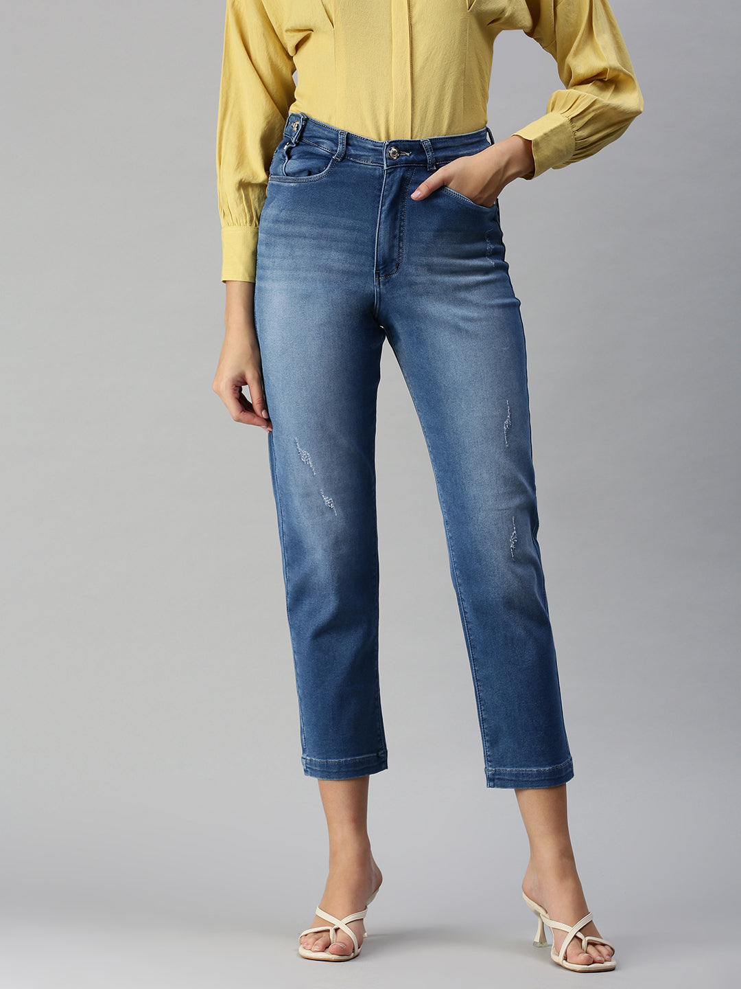 Women's Blue Straight Fit High-Rise Low Distress Light Fade Stretchable Denim Jeans