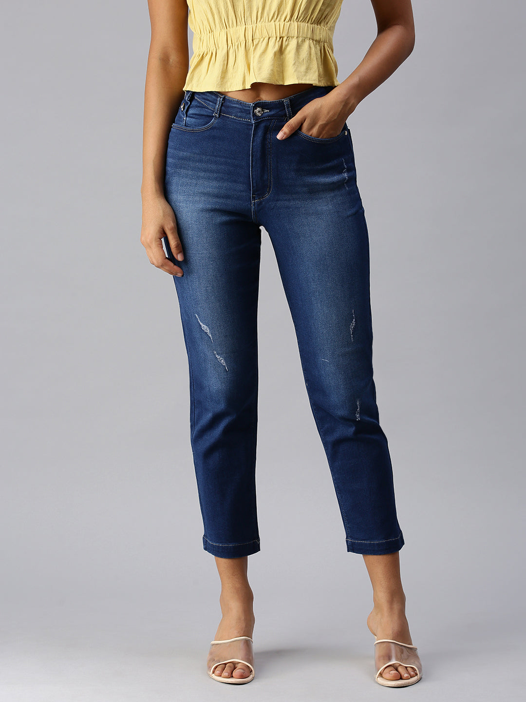 Women's Blue Straight Fit Low Distress Light Fade Jeans