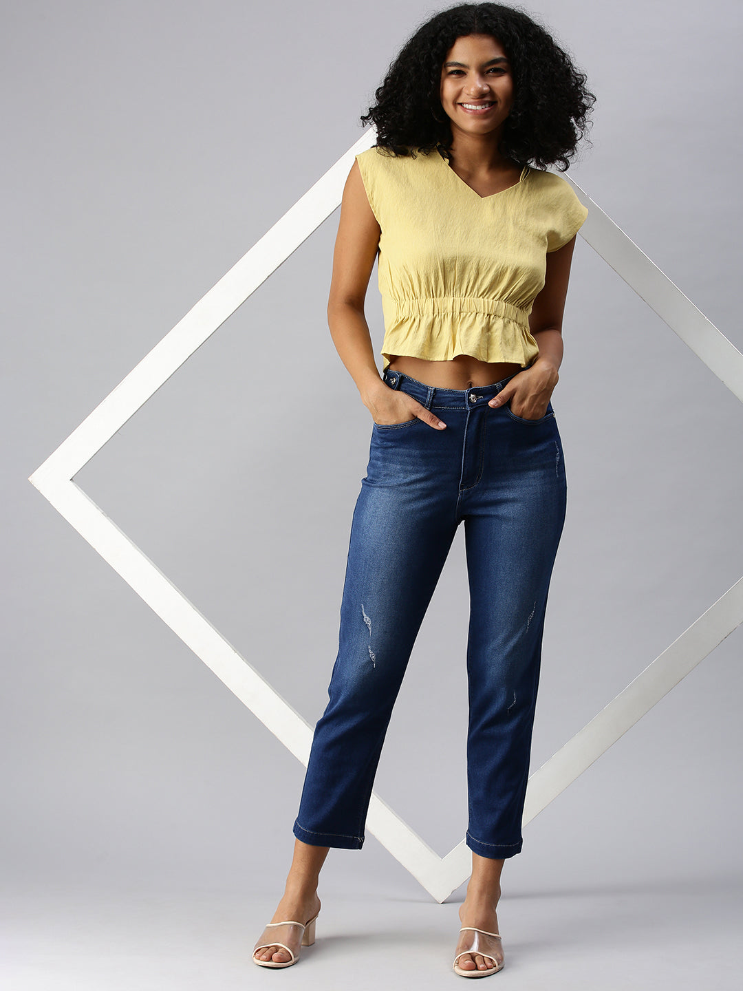 Women's Blue Straight Fit Low Distress Light Fade Jeans