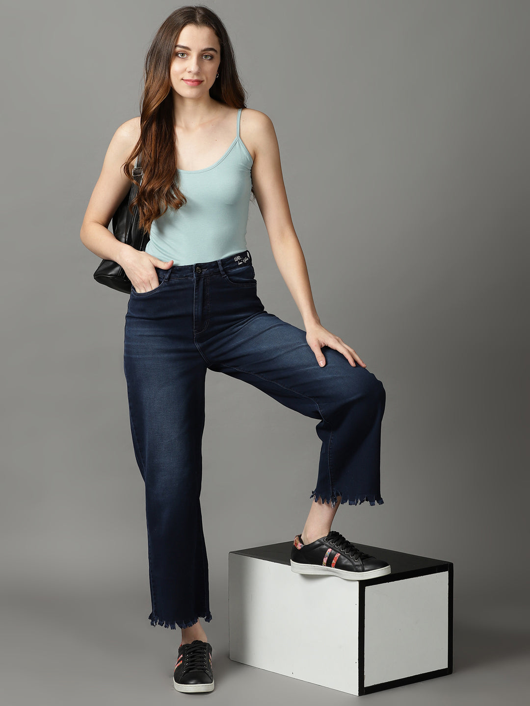 Women's Navy Blue Straight Fit High-Rise Light Fade Stretchable Jeans