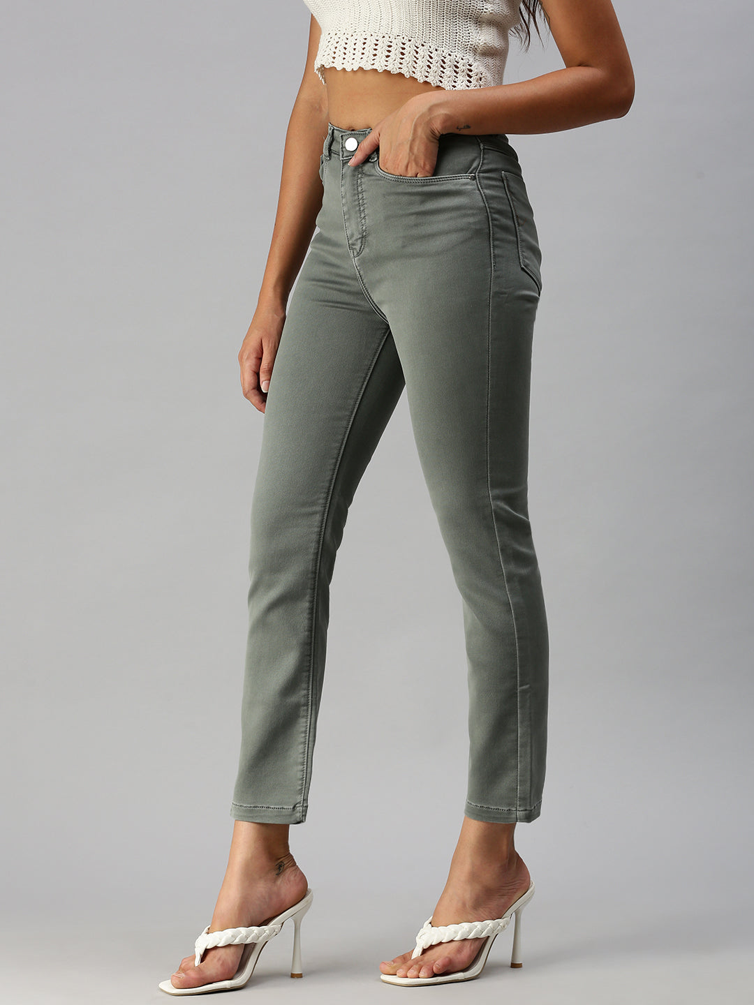 Women's Grey Straight Fit High-Rise Jeans