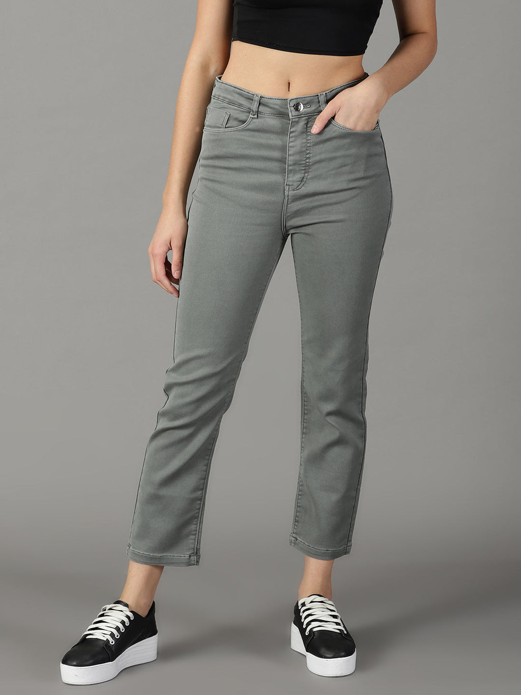 Women's Grey Relaxed Fit Mid-Rise Stretchable Cotton Jeans