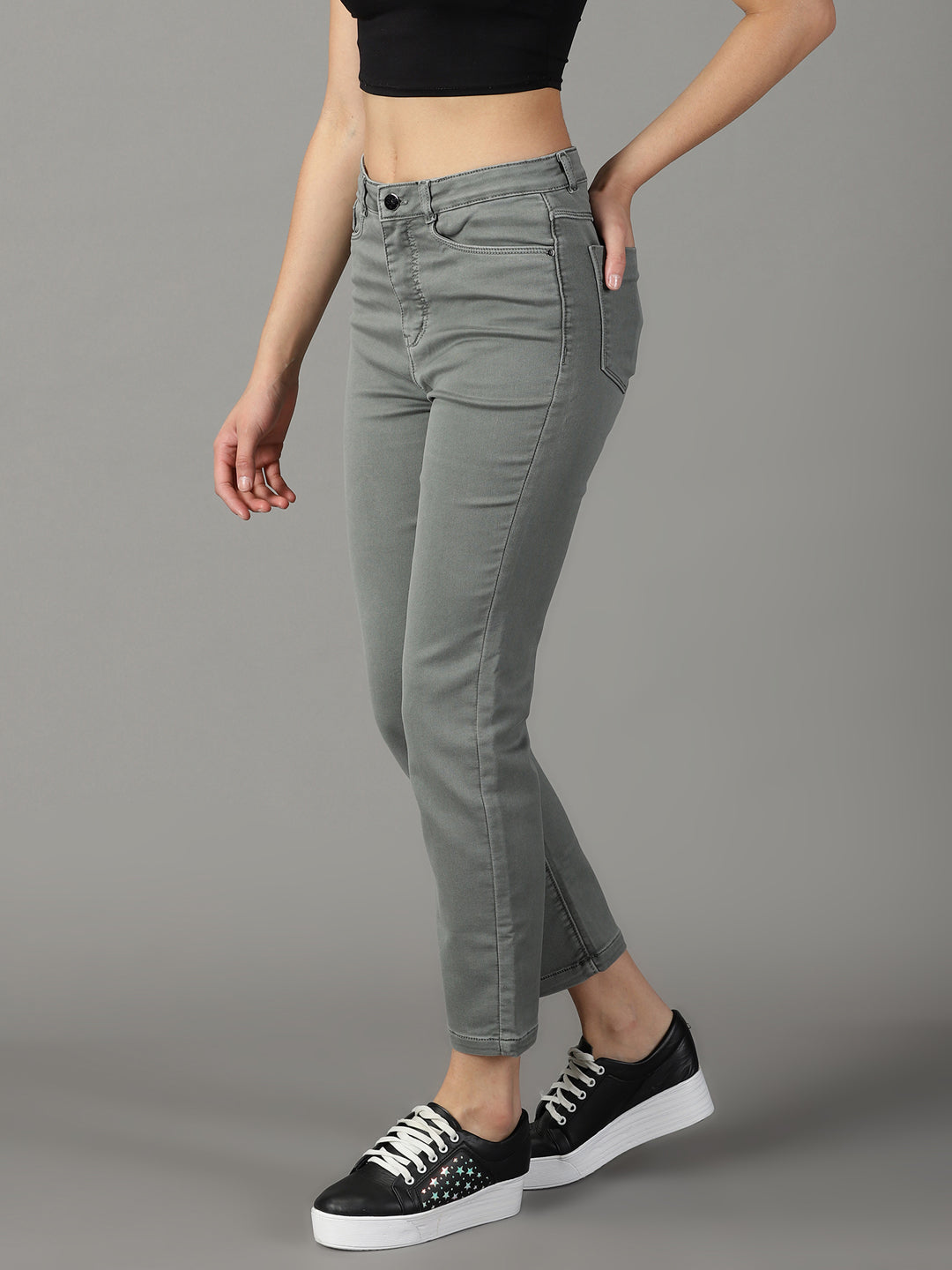 Women's Grey Relaxed Fit Mid-Rise Stretchable Cotton Jeans