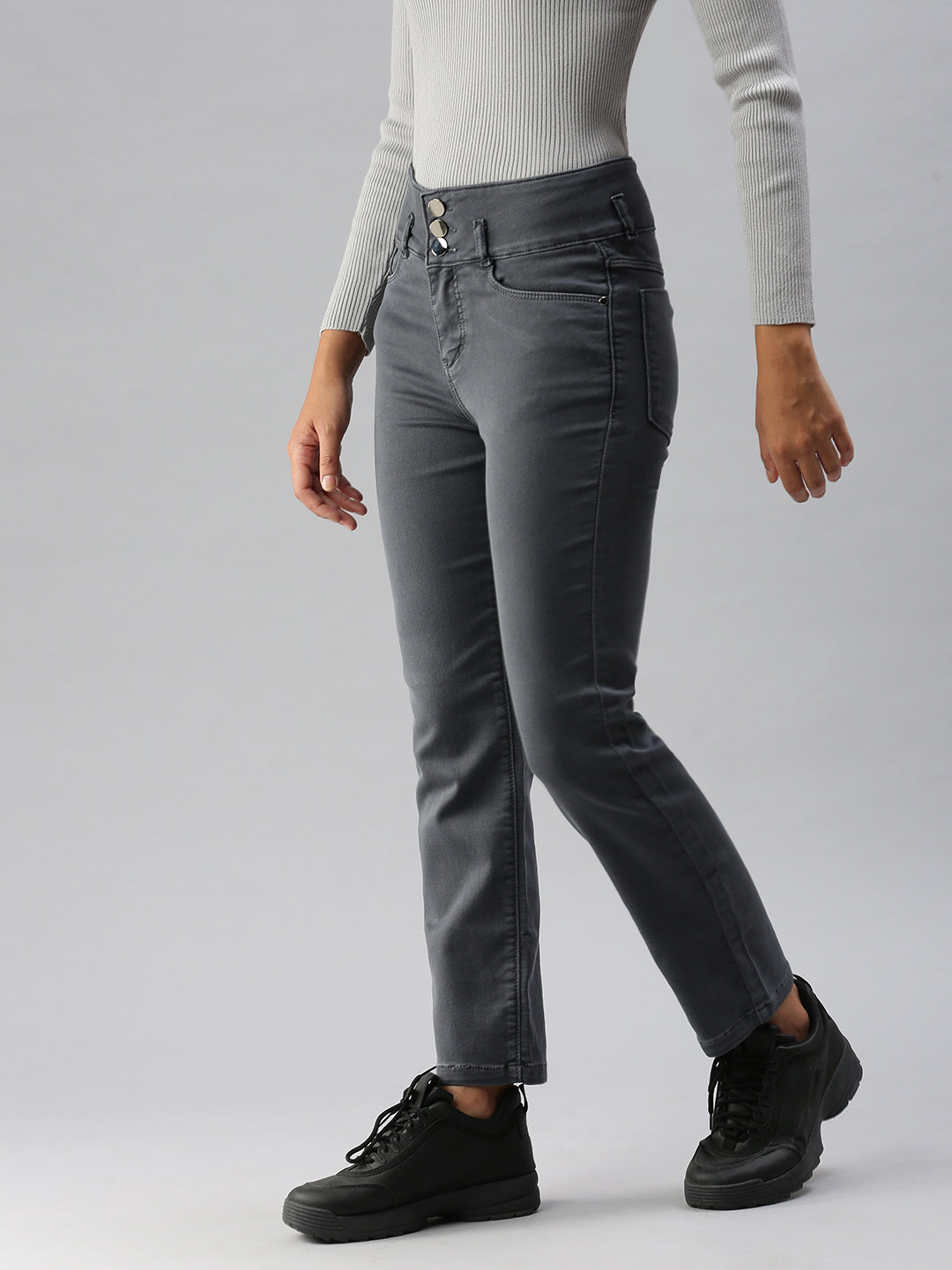 Women's Grey Straight Fit High-Rise Stretchable Jeans