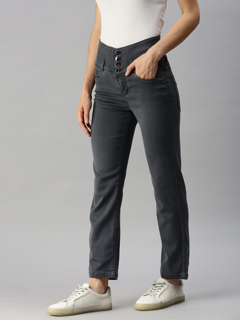 Women's Grey High-Rise Stretchable Denim Jeans