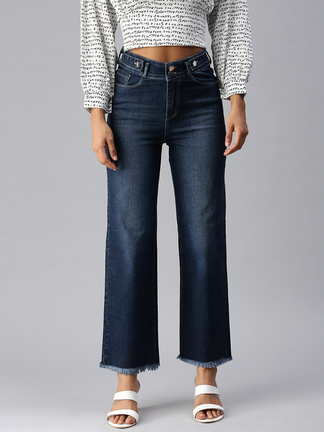 Women's Blue Wide Leg High-Rise Light Fade Cropped Stretchable Denim Jeans