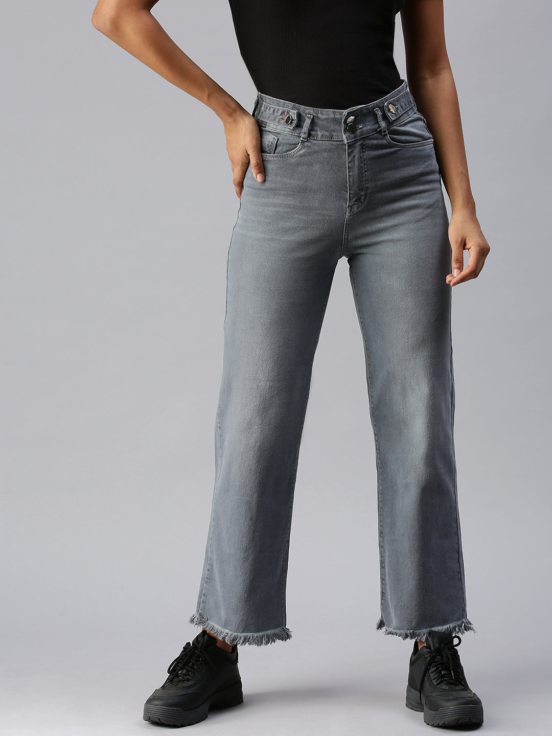Women's Grey Wide Leg High-Rise Heavy Fade Stretchable Denim Jeans