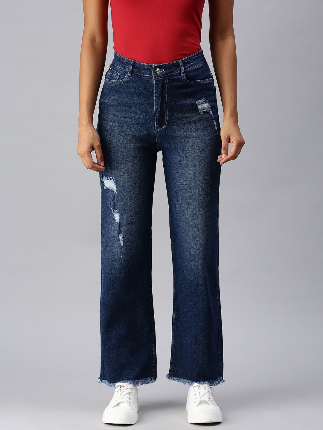 Women's Navy Blue Wide Leg High-Rise Light Fade Stretchable Denim Jeans