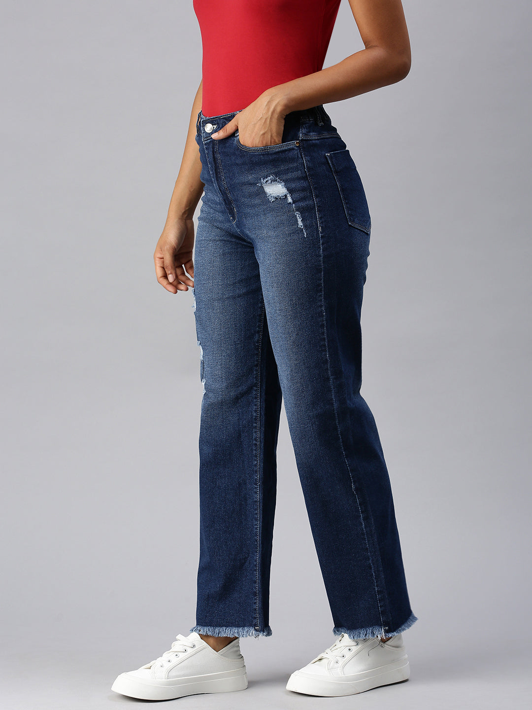 Women's Navy Blue Wide Leg High-Rise Light Fade Stretchable Denim Jeans