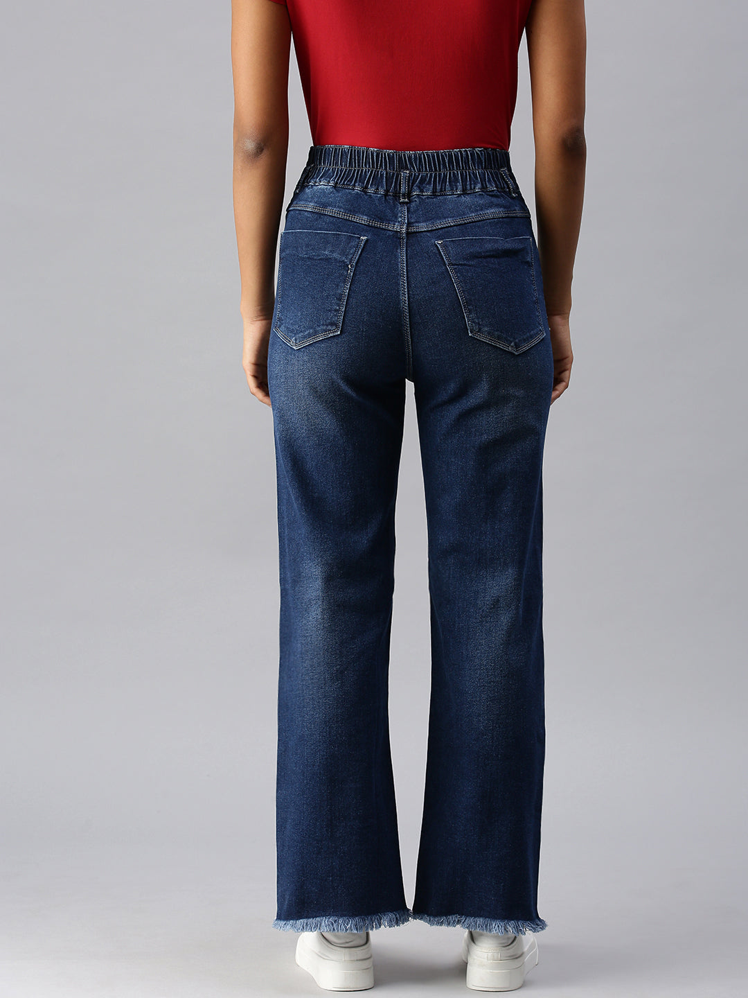 Women's Navy Blue Wide Leg High-Rise Light Fade Stretchable Denim Jeans