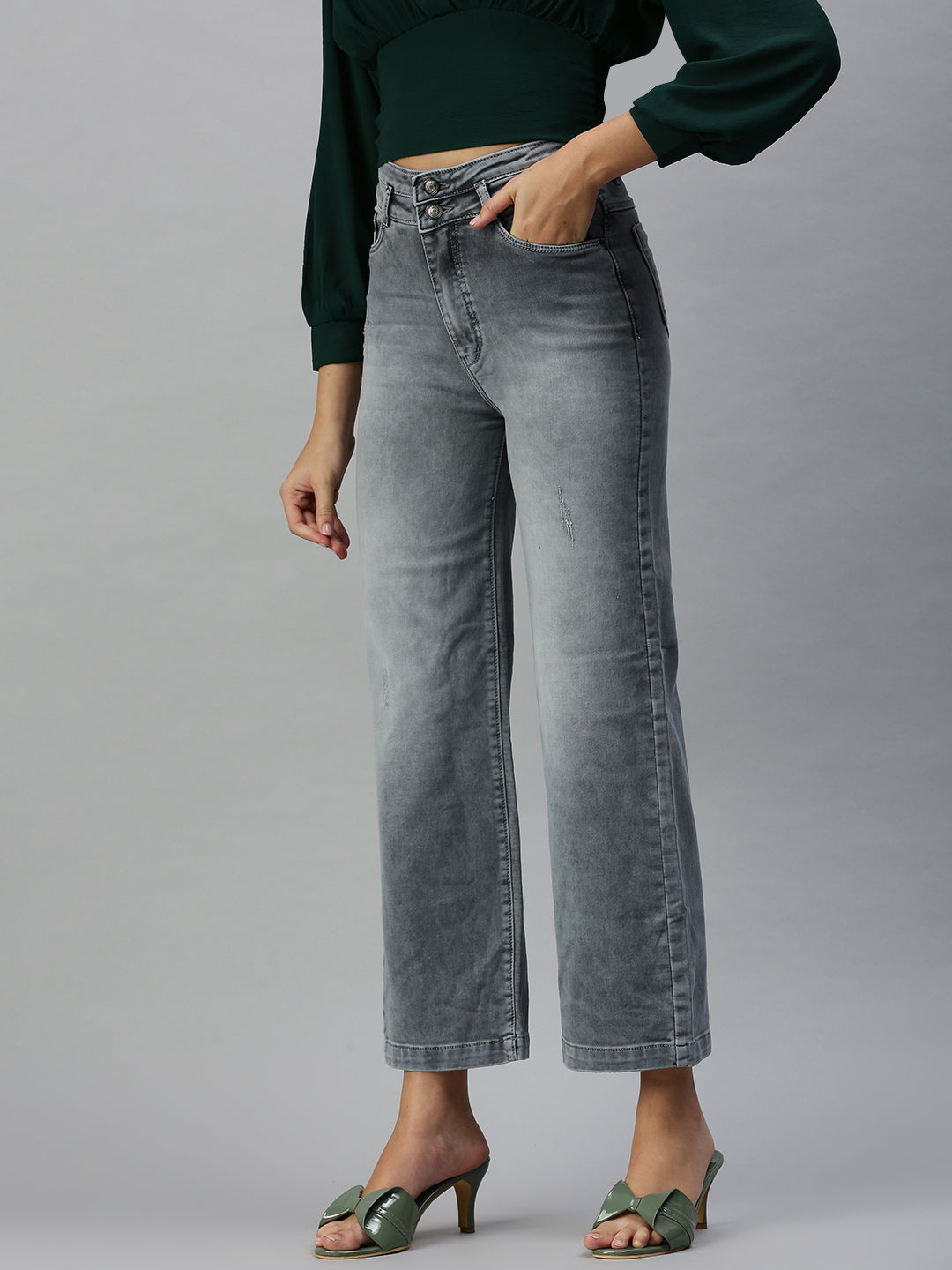 Women's Grey Wide Leg High-Rise Heavy Fade Stretchable Denim Jeans