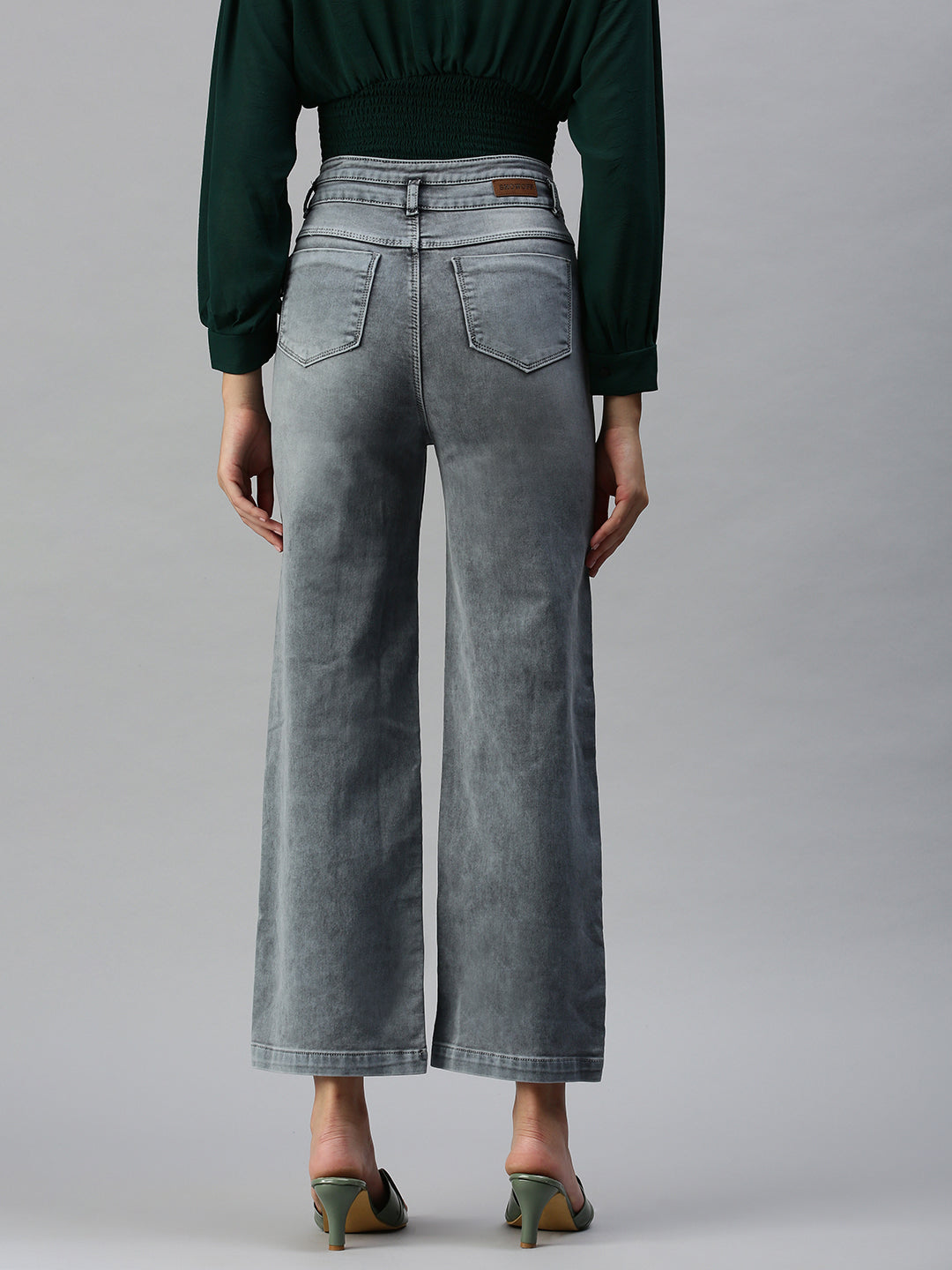 Women's Grey Wide Leg High-Rise Heavy Fade Stretchable Denim Jeans