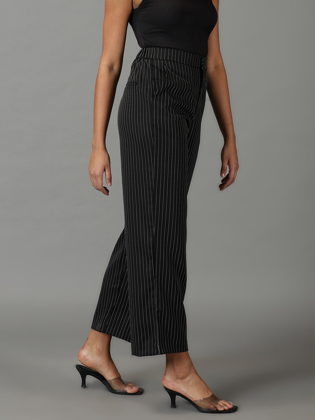 Women's Black Striped Relaxed Straight Fit Parallel Trousers