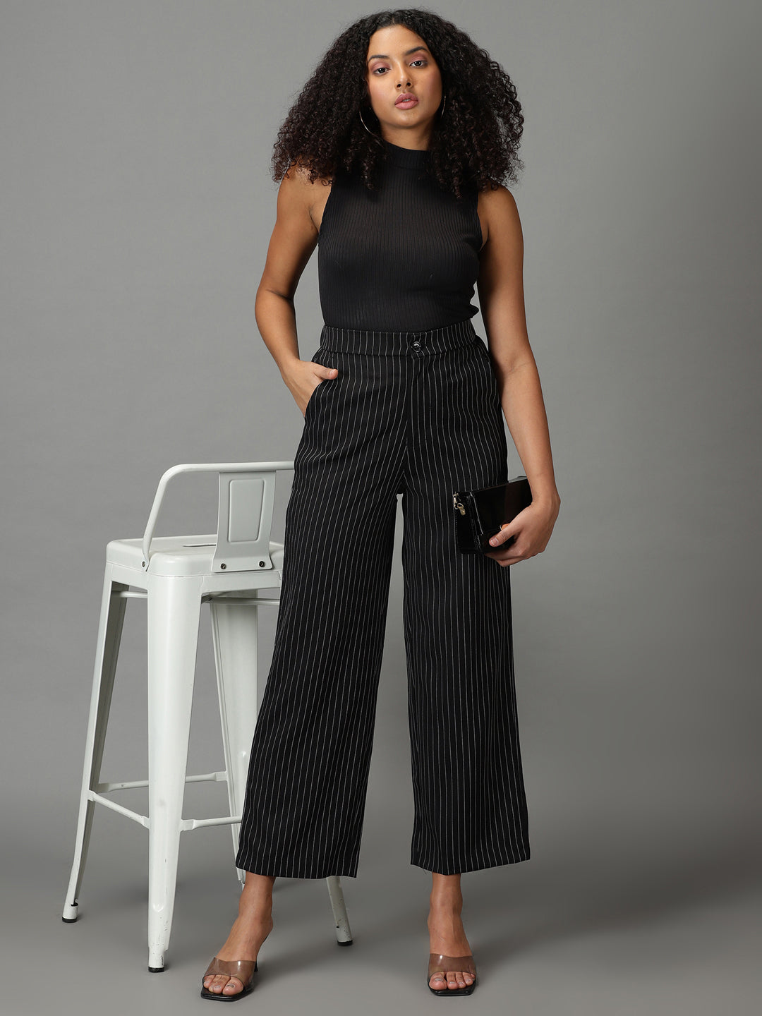 Women's Black Striped Relaxed Straight Fit Parallel Trousers