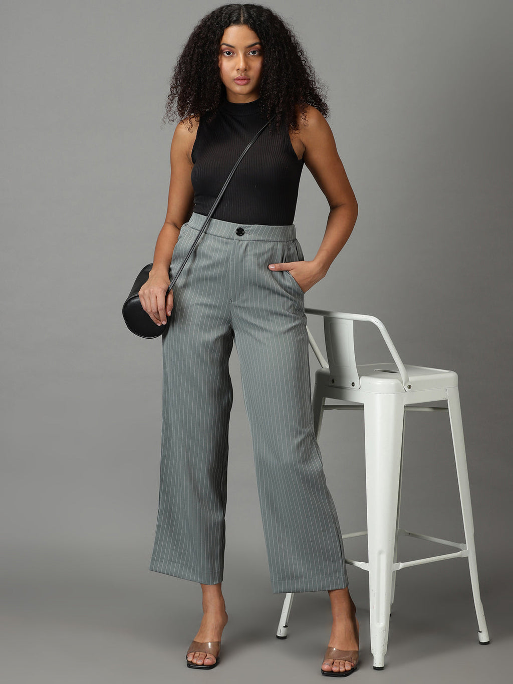Women's Olive Striped Relaxed Straight Fit Trousers