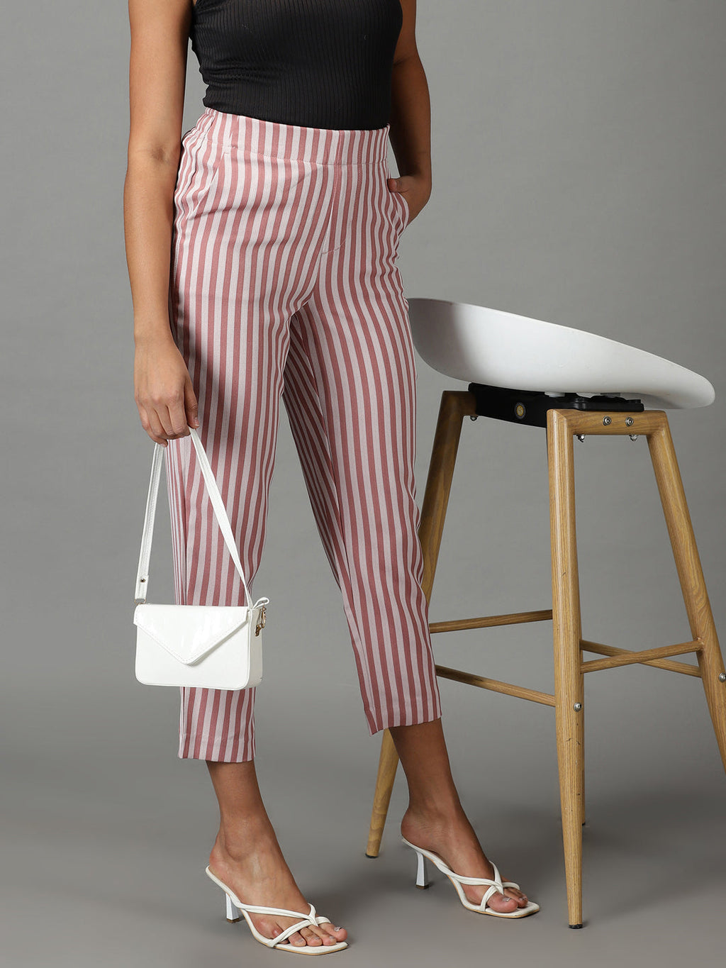 Women's Mauve Striped Straight Fit Cropped Formal Trousers