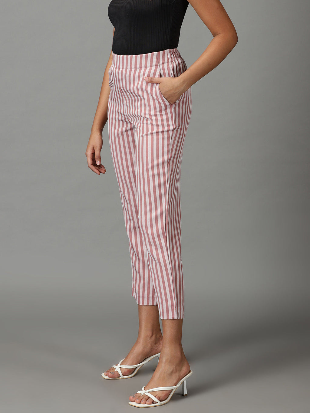 Women's Mauve Striped Straight Fit Cropped Formal Trousers
