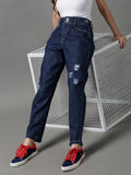 Women's Navy Blue High-Rise Mildly Distressed Stretchable Denim Jeans