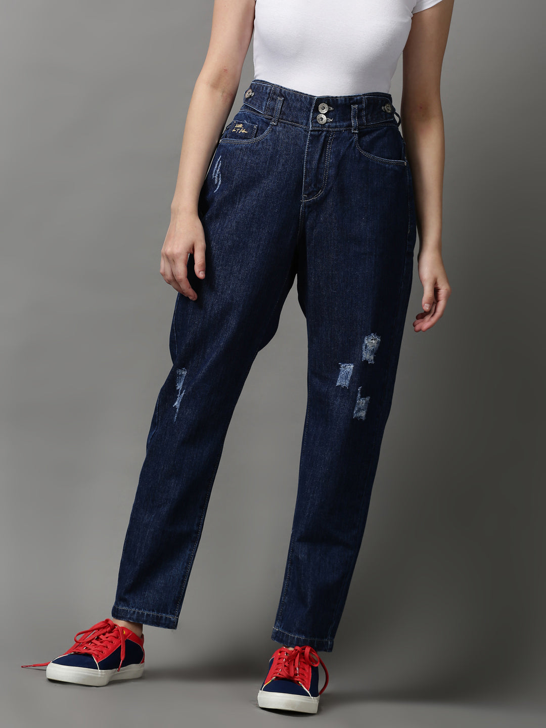 Women's Navy Blue High-Rise Mildly Distressed Stretchable Denim Jeans