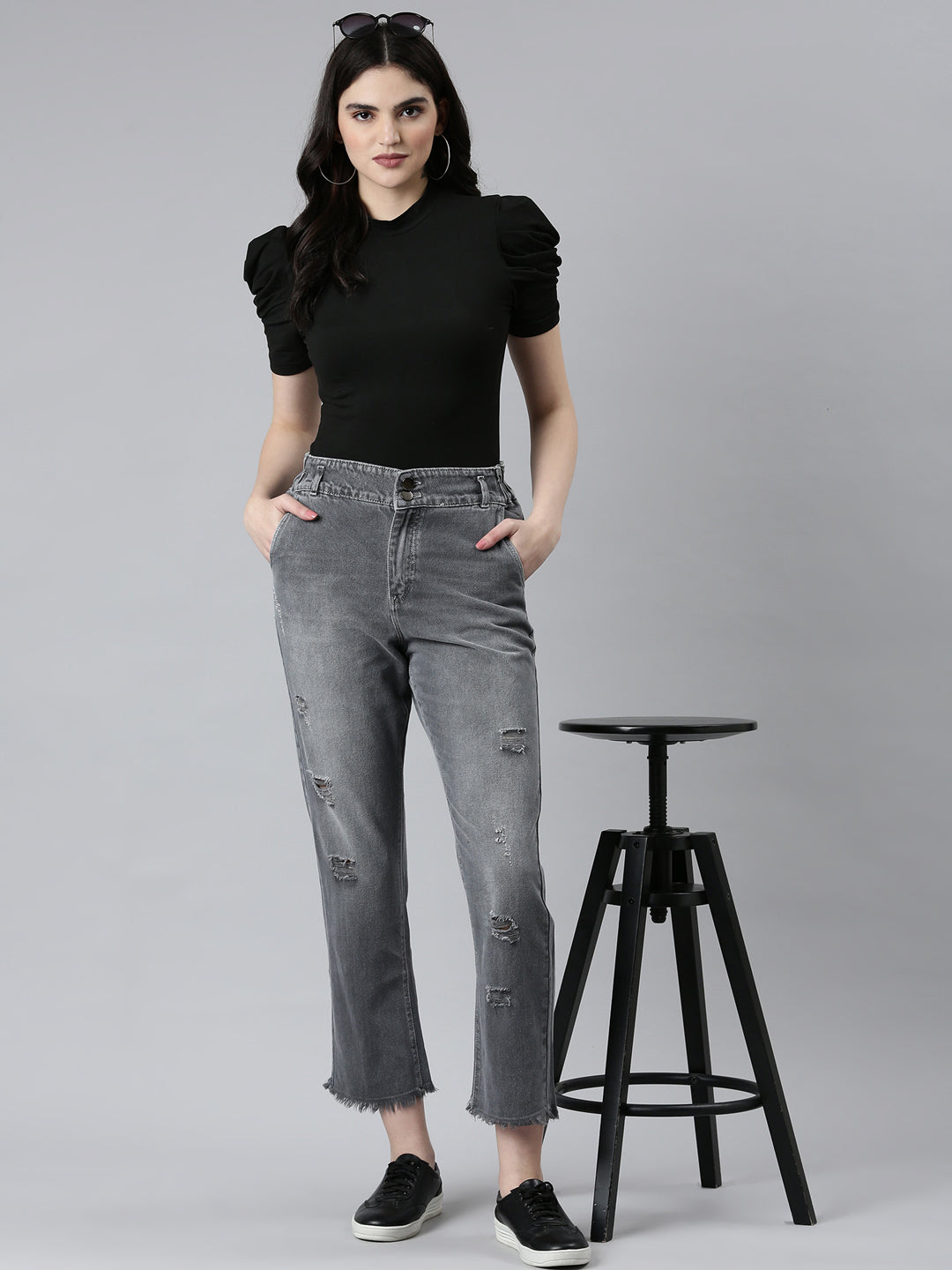 Women's Grey Boyfriend Fit Heavy Denim Jeans