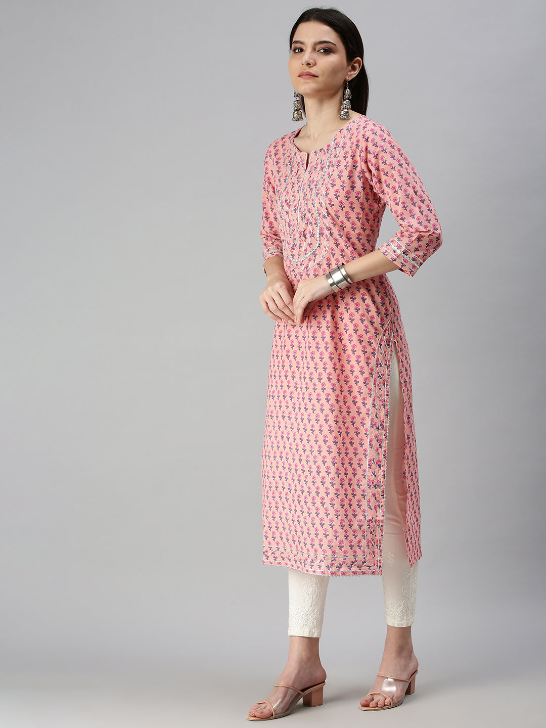 Women's Pink Floral Printed Straight Kurta