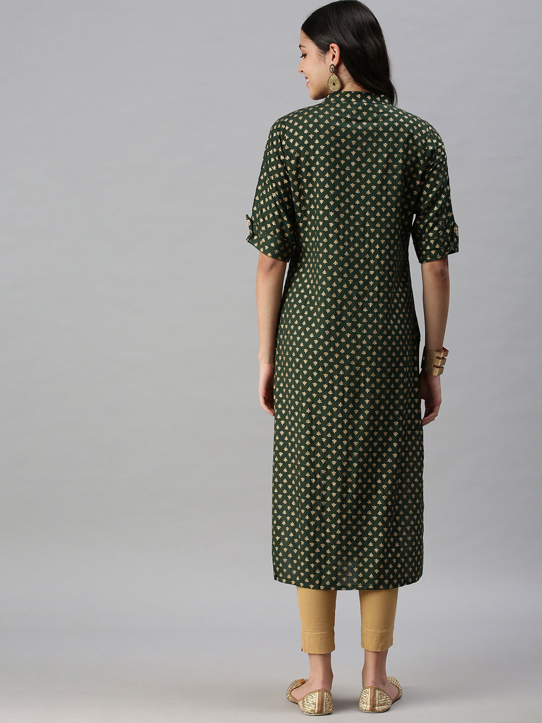 Women's Green Geometric Foil Printed Cotton Straight Kurta