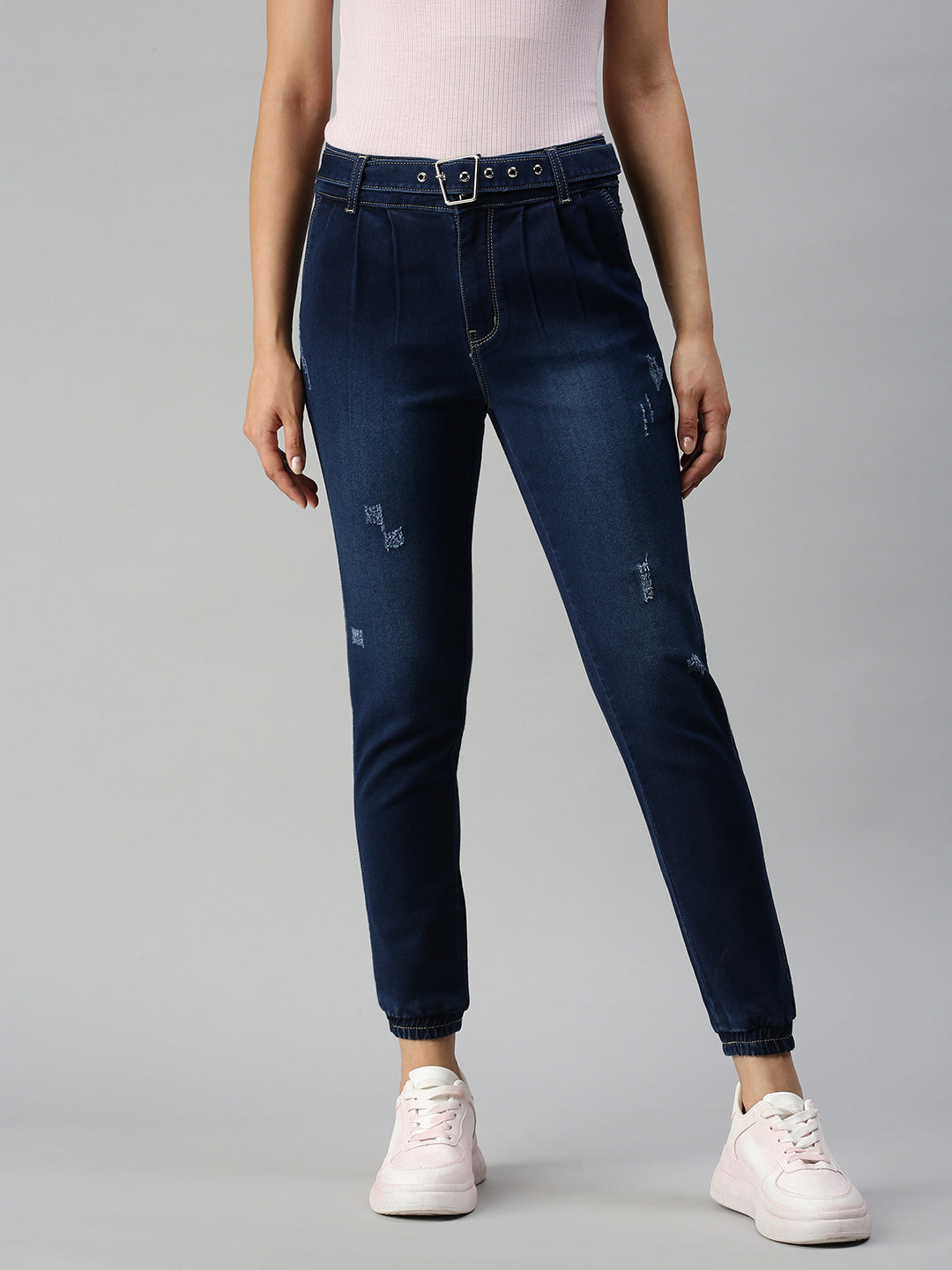 Women's Navy Blue Jogger High-Rise Light Fade Cuffed Hem Stretchable Denim Jeans