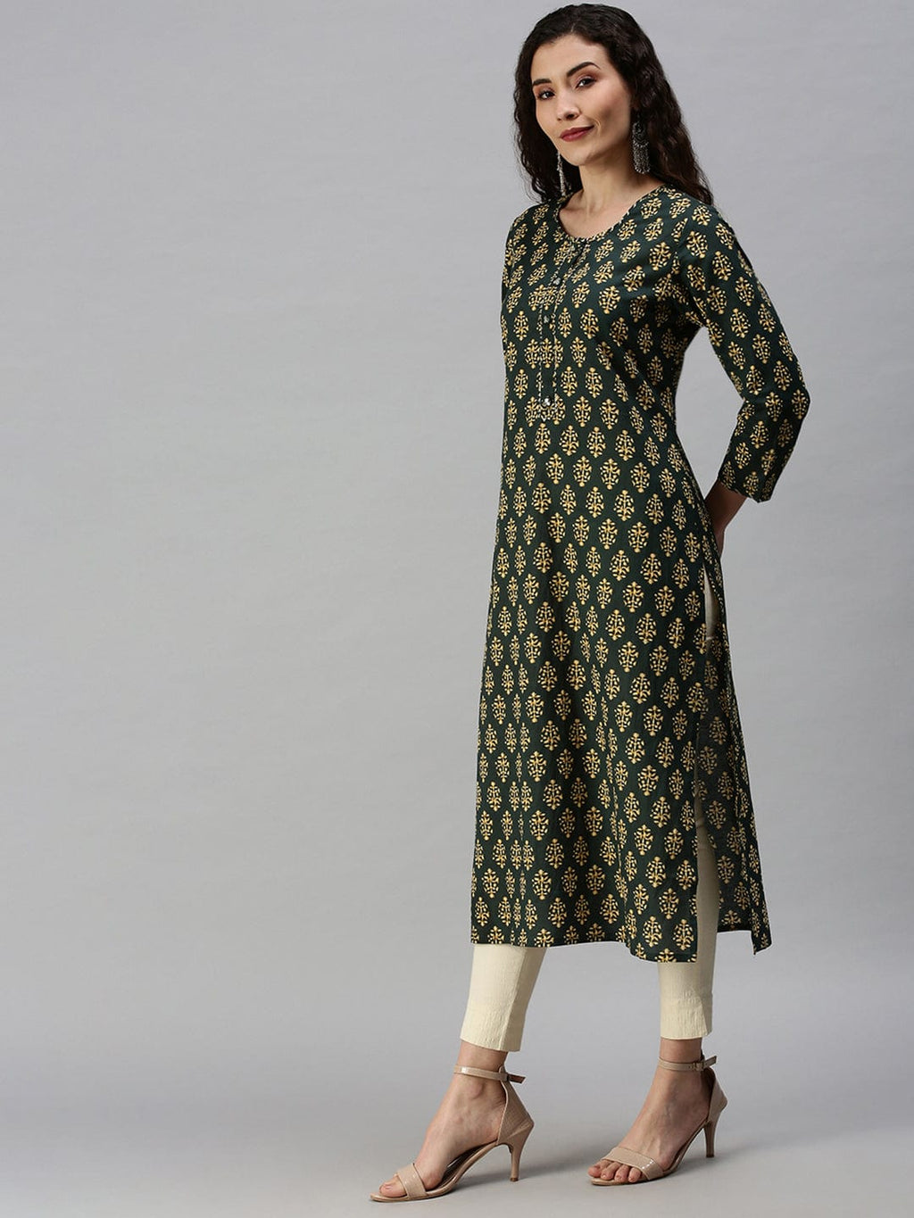 Women's Printed Green Straight Kurta