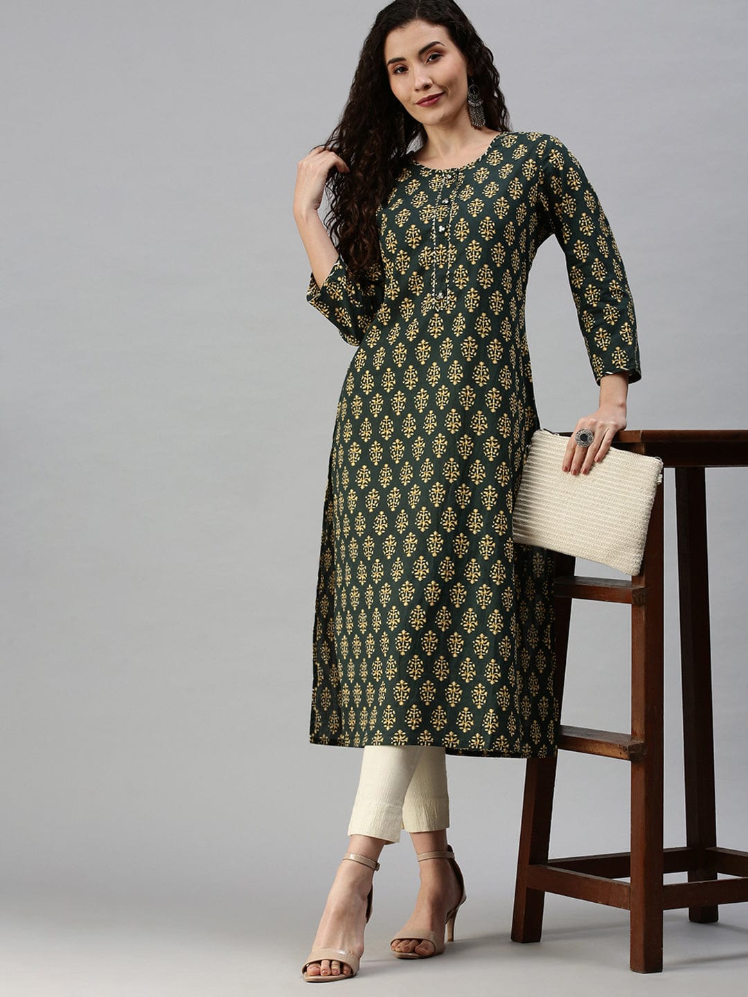 Women's Printed Green Straight Kurta