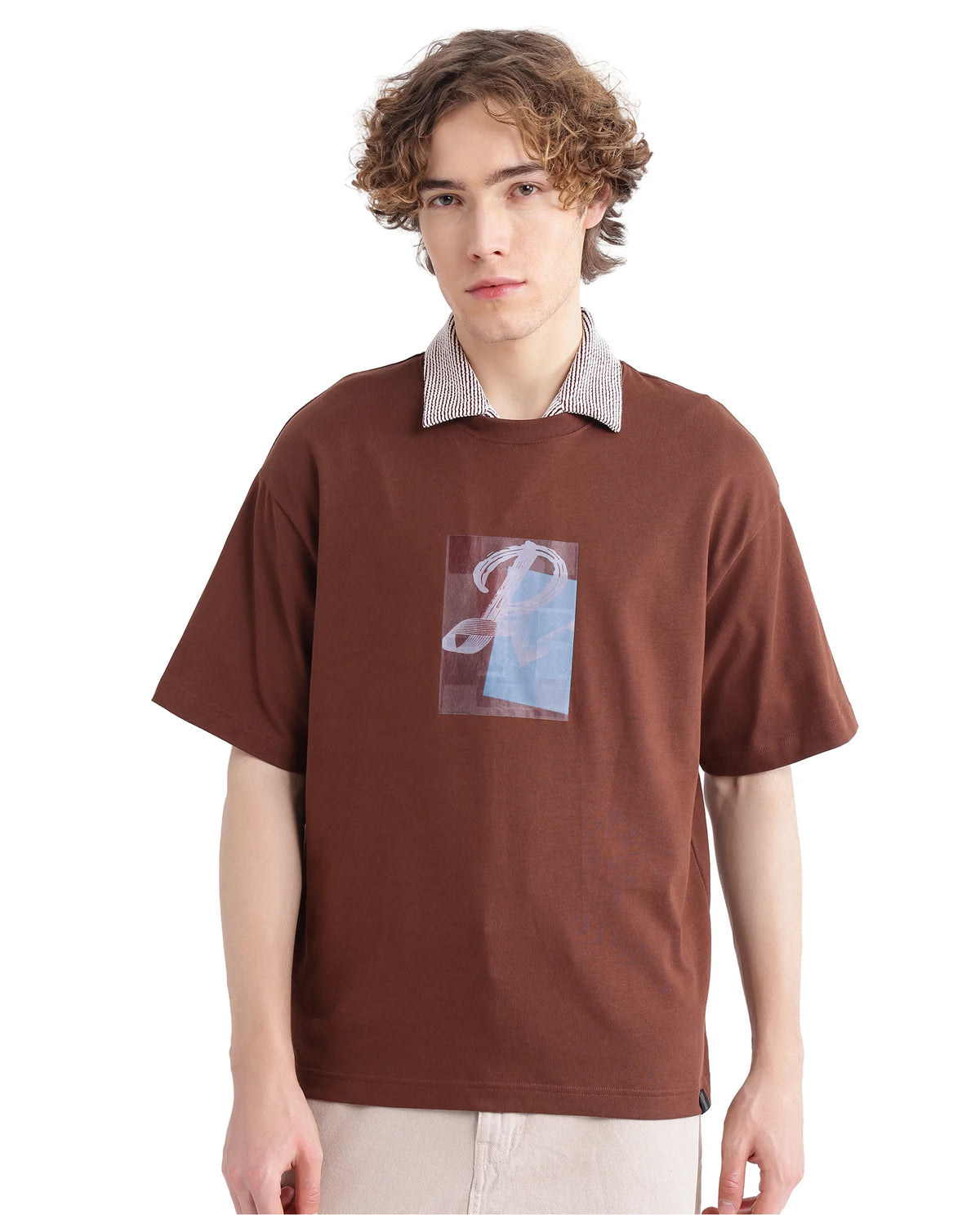 Rare Rabbit Men's Justin Brown Cotton Graphic Print Oversized Fit Half Sleeve Crew Neck T-Shirt
