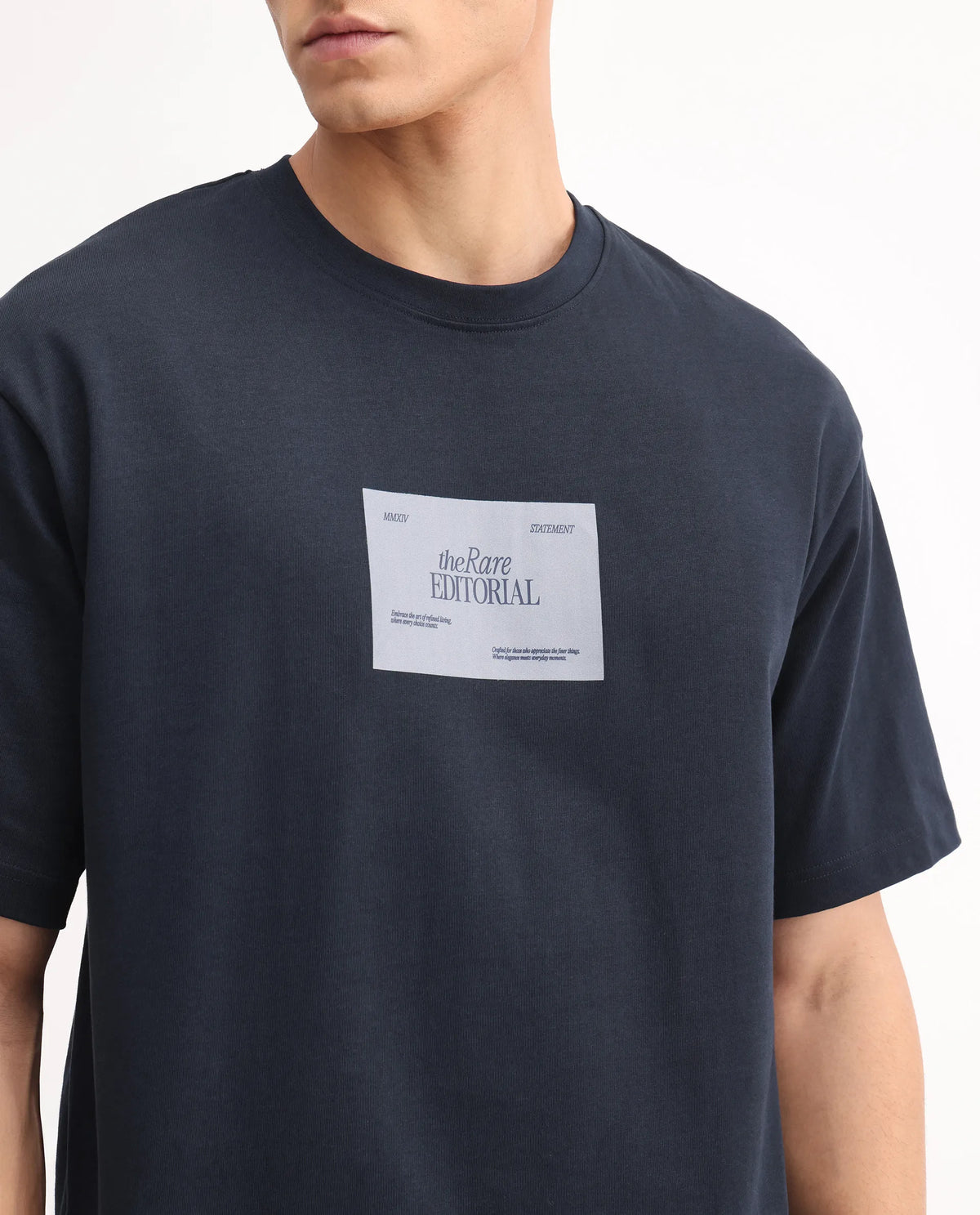 Rare Rabbit Men's Justin Navy Cotton Graphic Print Oversized Fit Half Sleeve Crew Neck T-Shirt