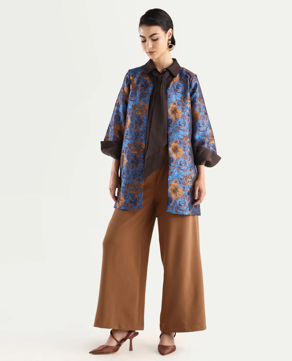 Rareism Women's Kamlay Multi Polyester Blend Collarless Jacquard Knee Length Regular Fit Jacket