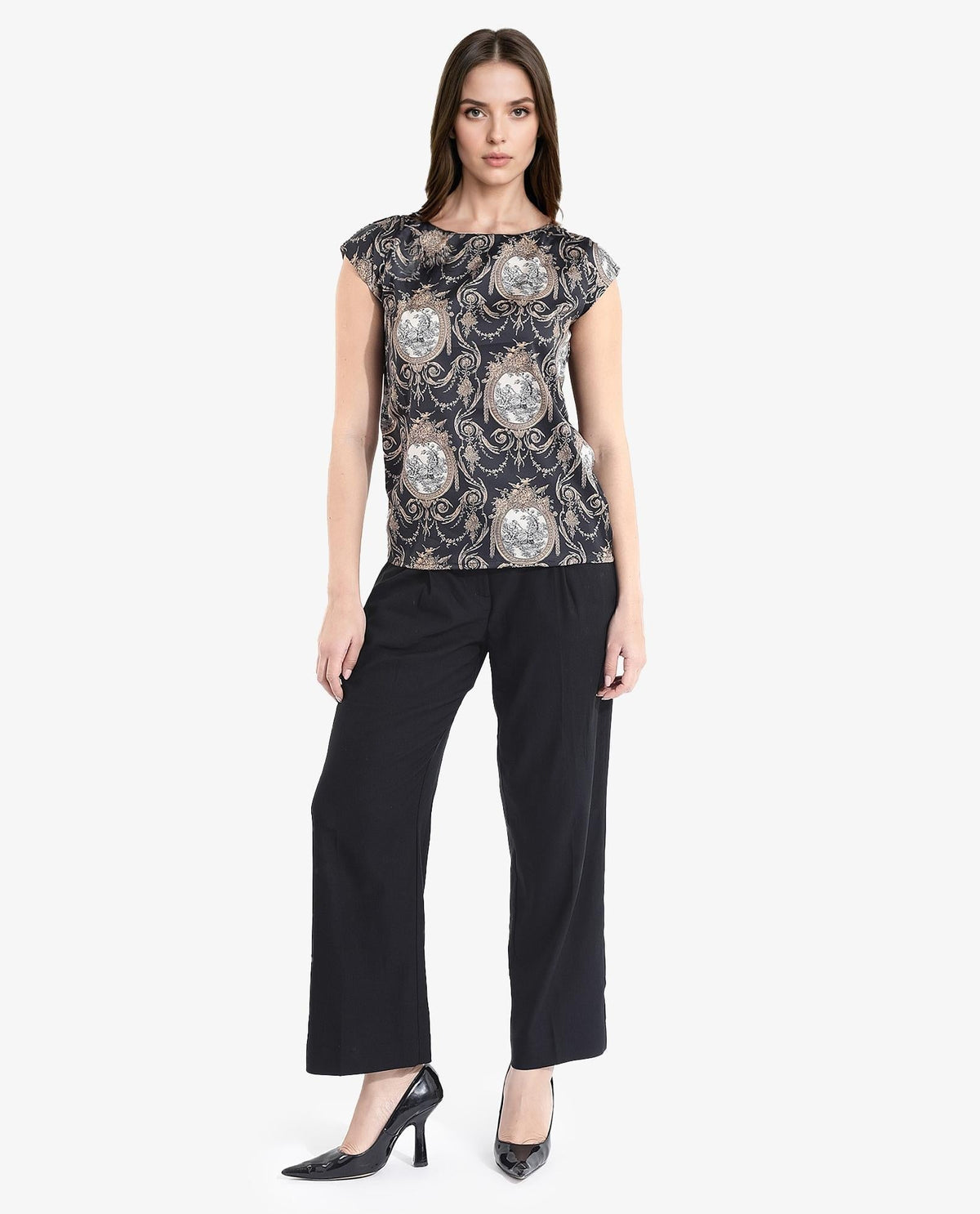 Rareism Women's Kanama T-Black Polyester Boat Neck Ornamental Print Extended Sleeves Regular Fit Top