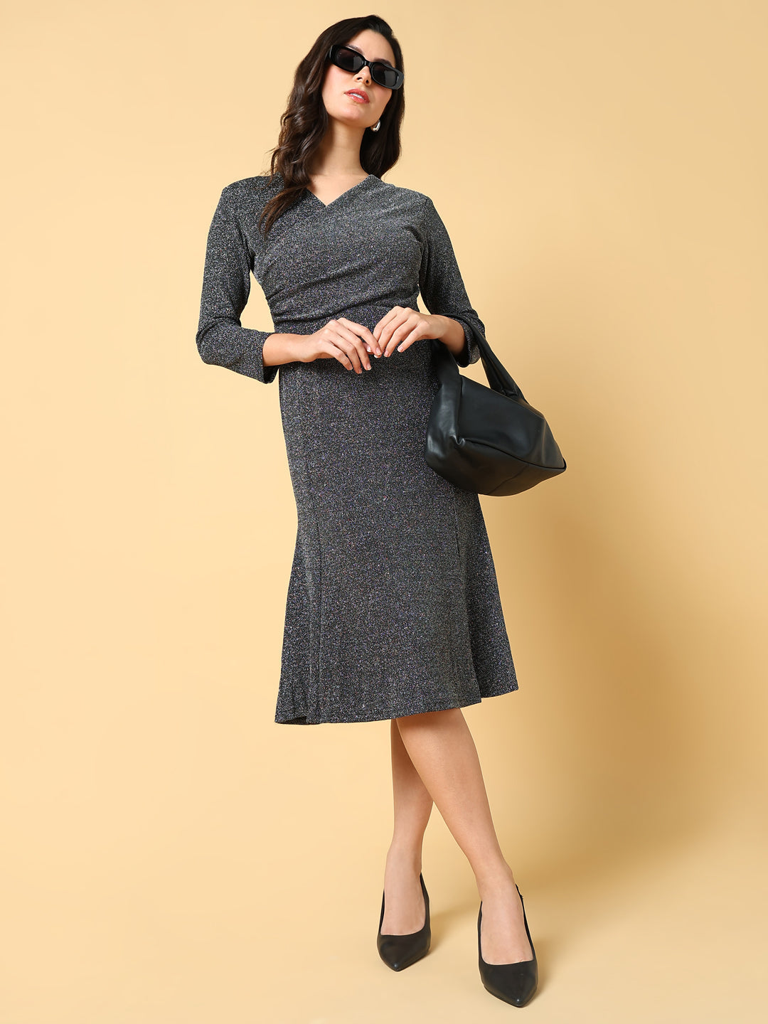 Women's Grey Fit & Flare Knee Length Dress