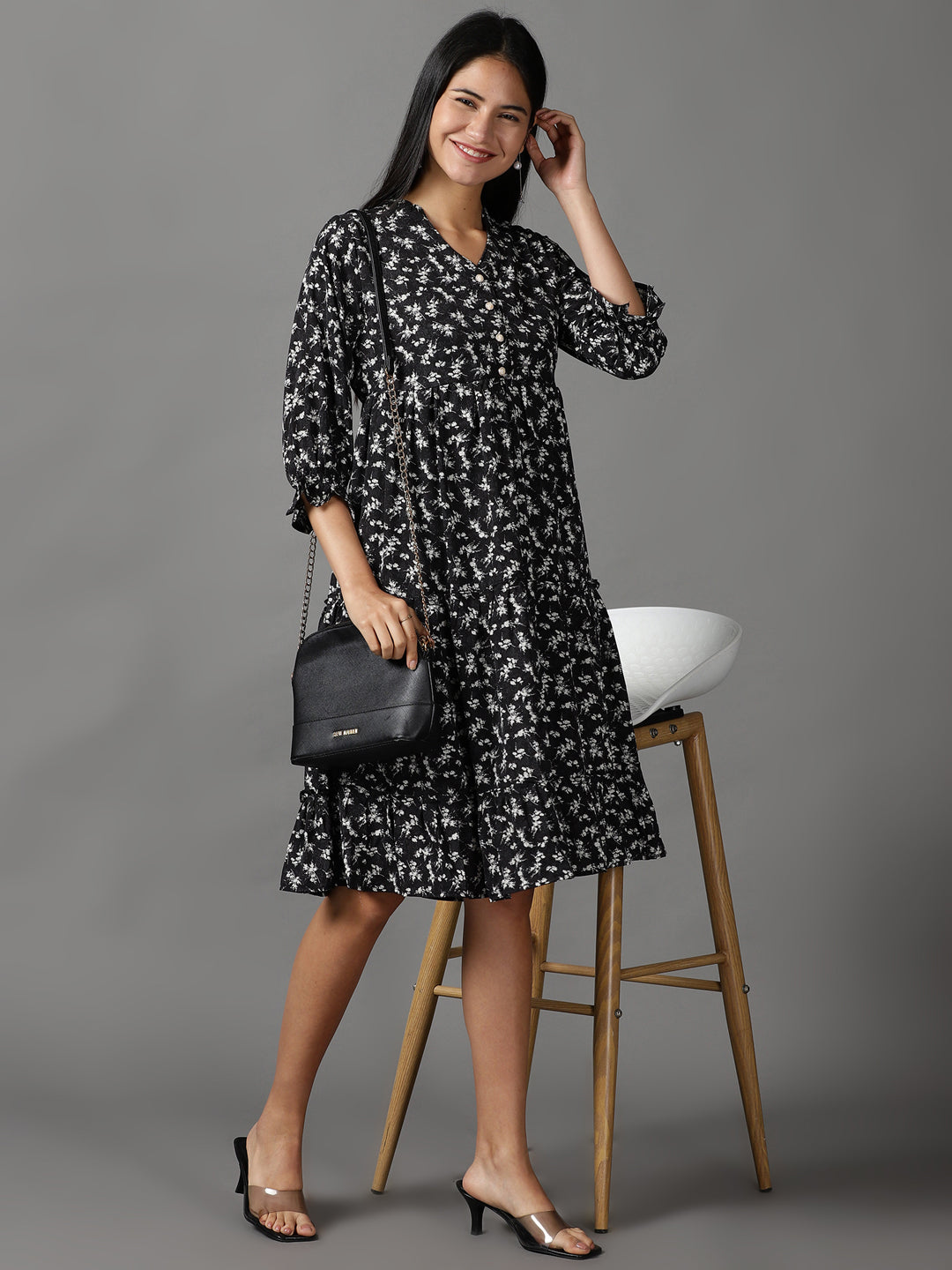 Women's Black Floral Printed Fit & Flare Dress