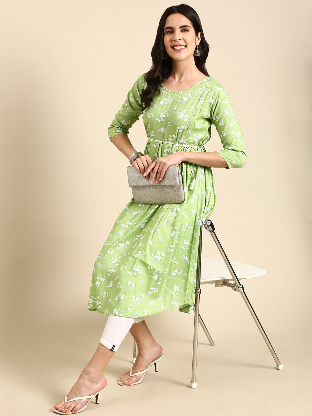 Women's Green Floral Printed Anarkali Kurta
