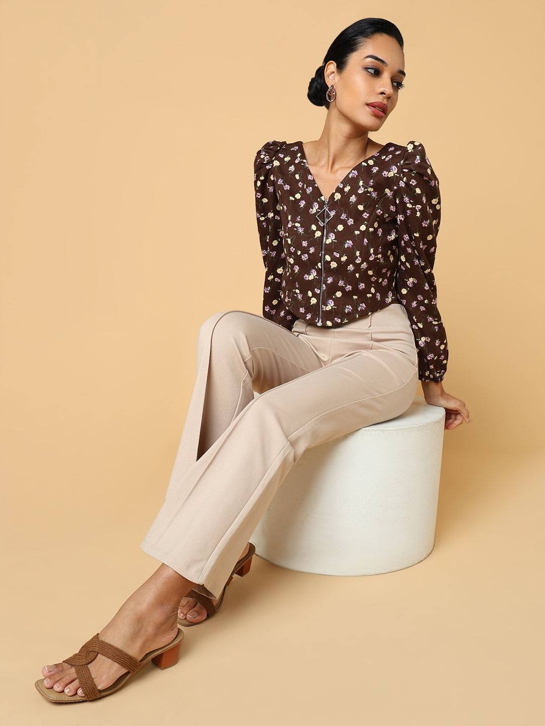Women's Brown Floral Printed Crop Top