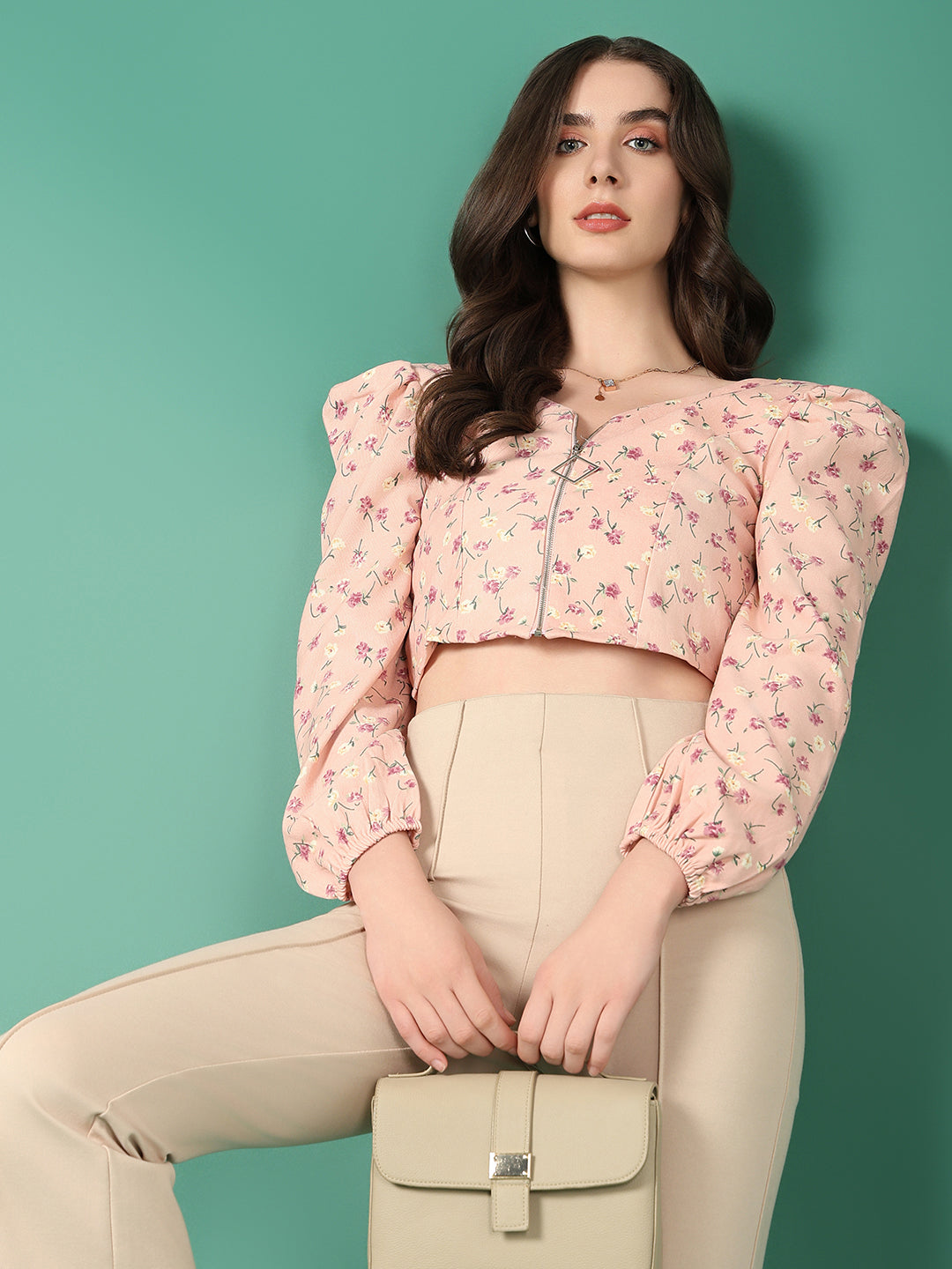 Women's Pink Floral Print Puff Sleeve Crop Top