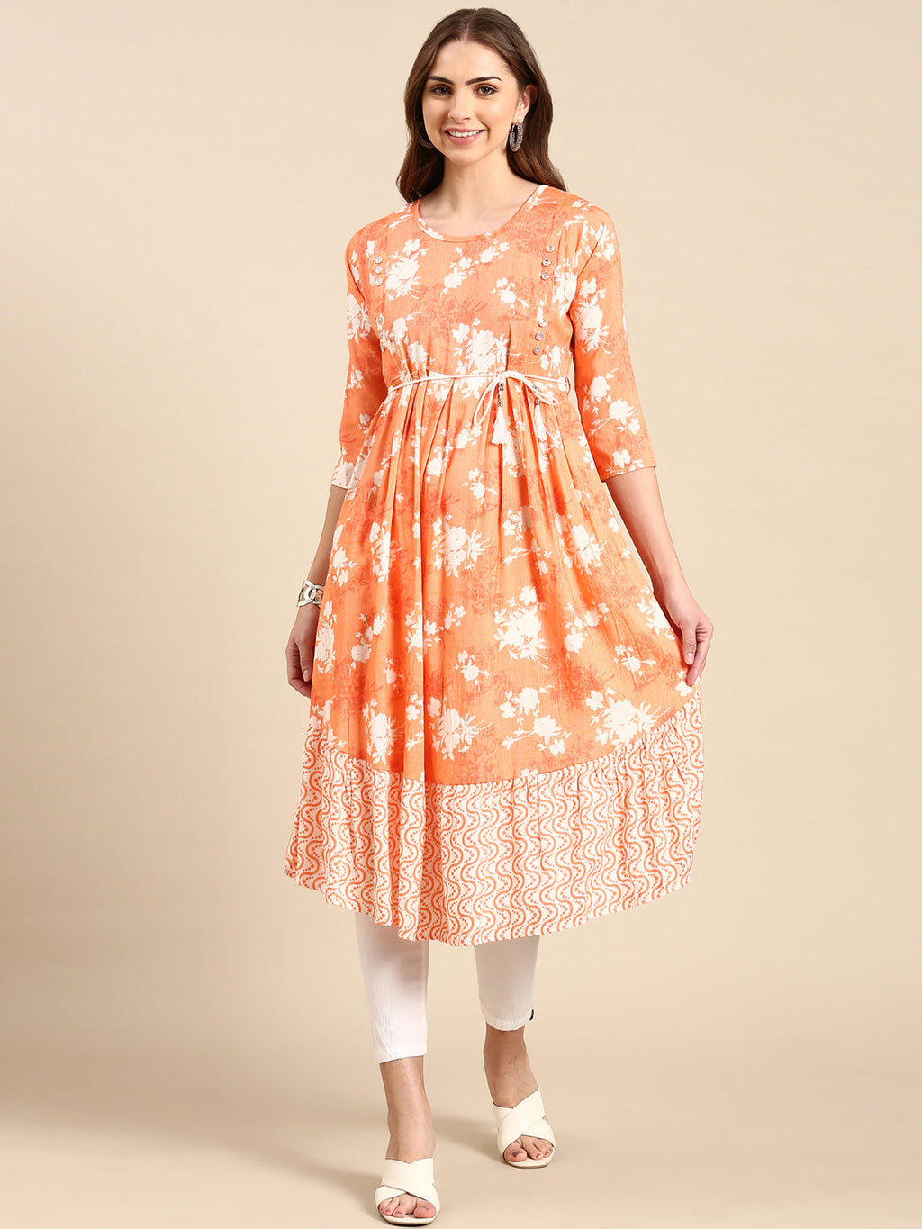 Women's Orange Floral Printed Anarkali Kurta