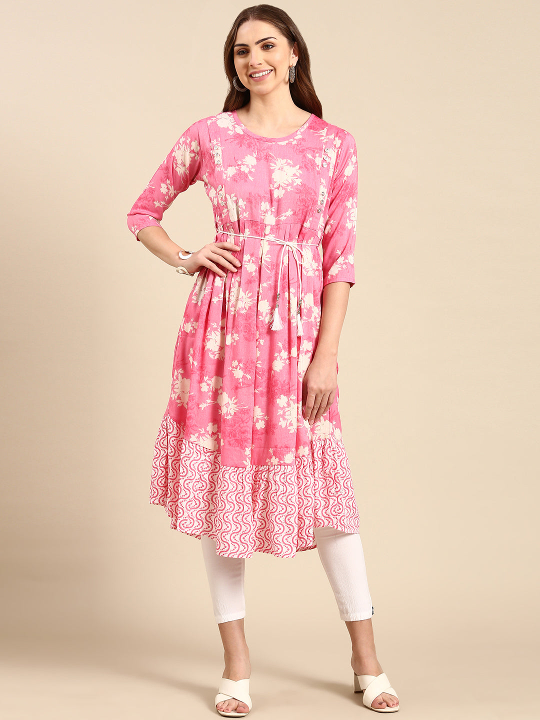 Women's Pink Floral Printed Anarkali Kurta