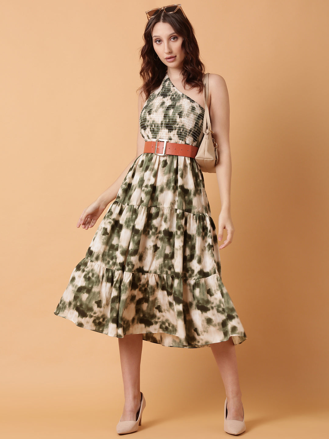 Women's Green Dyed Fit and Flare Dress With Belt