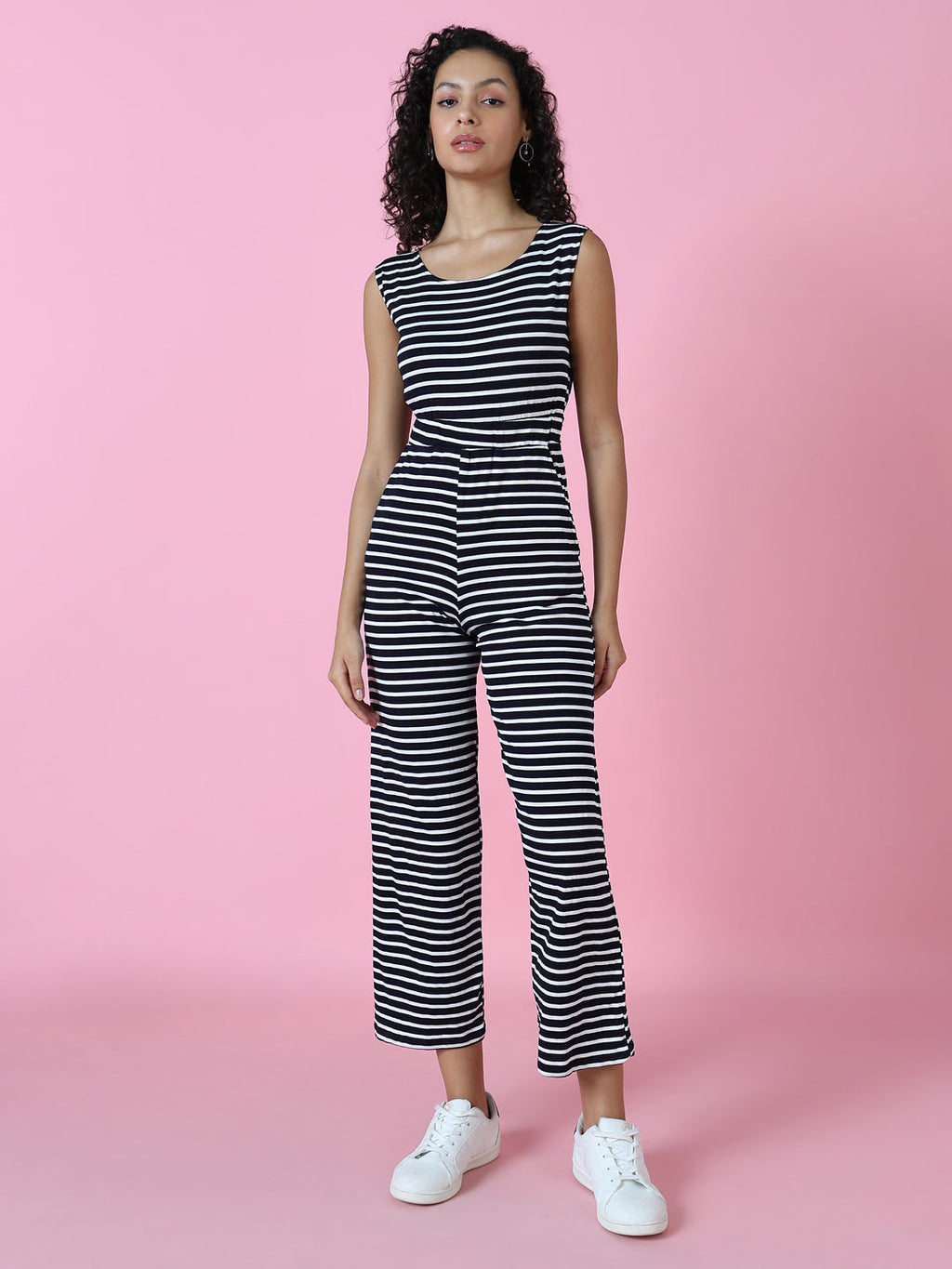 Women's Navy Blue Striped Round Neck Jumpsuit