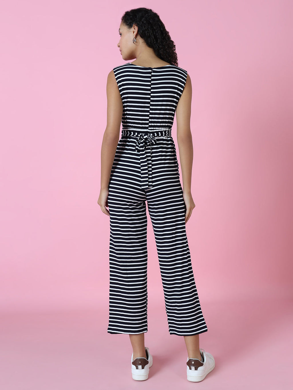Women's Navy Blue Striped Round Neck Jumpsuit
