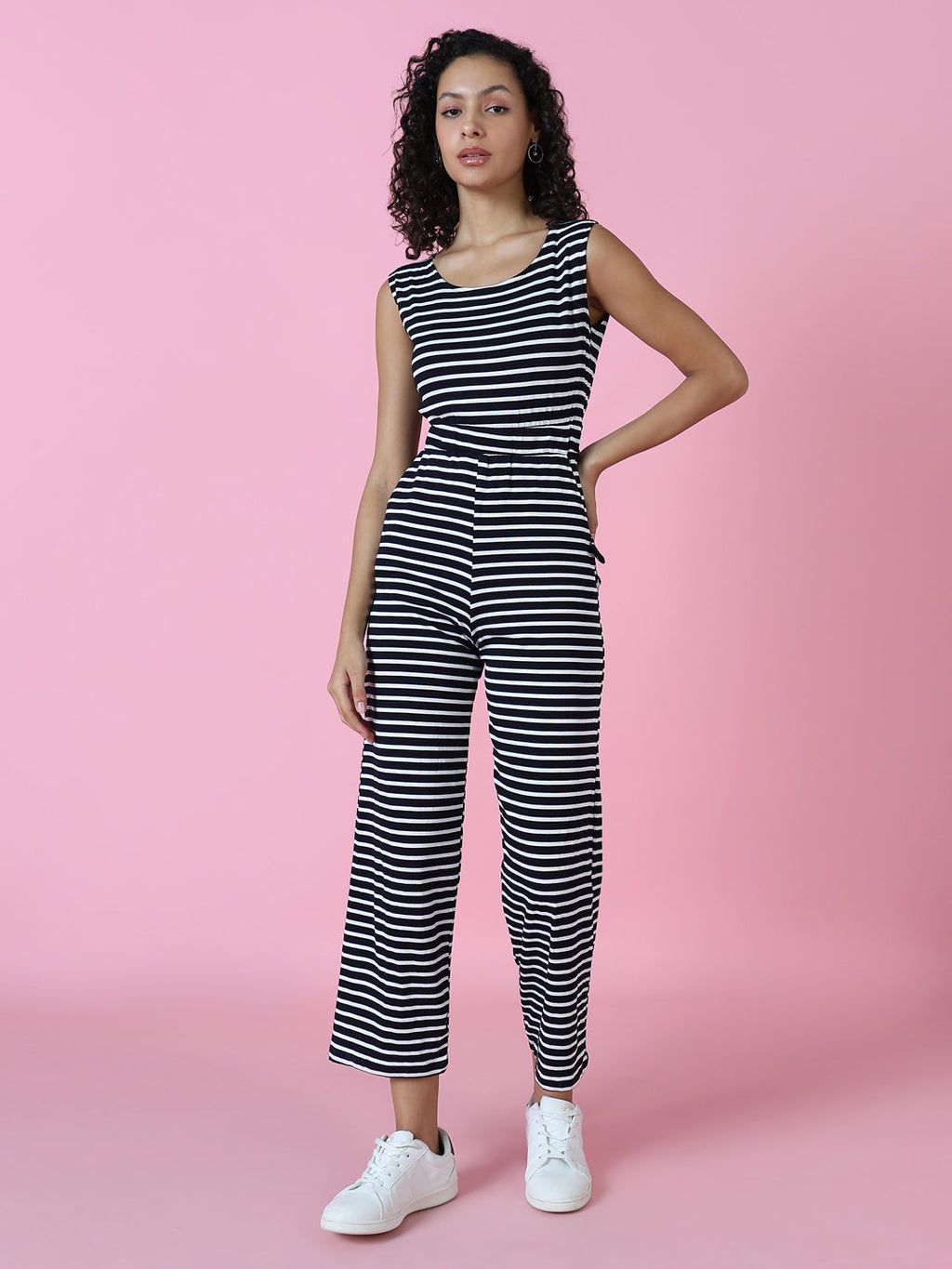Women's Navy Blue Striped Round Neck Jumpsuit