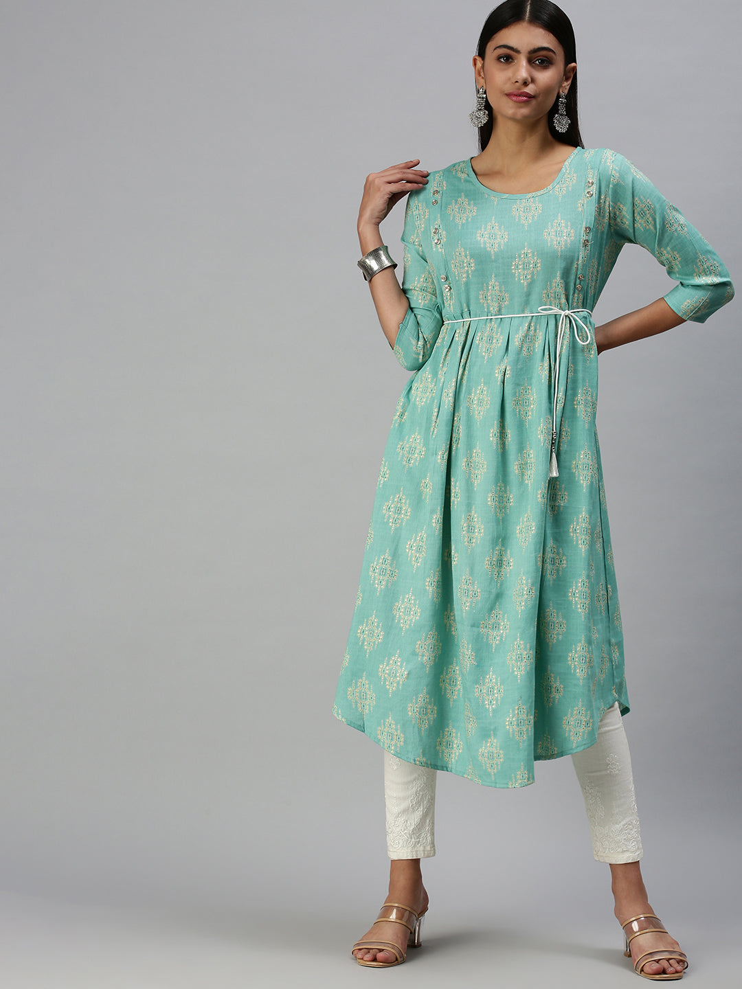 Women's Turquoise Blue Printed A-Line Kurta