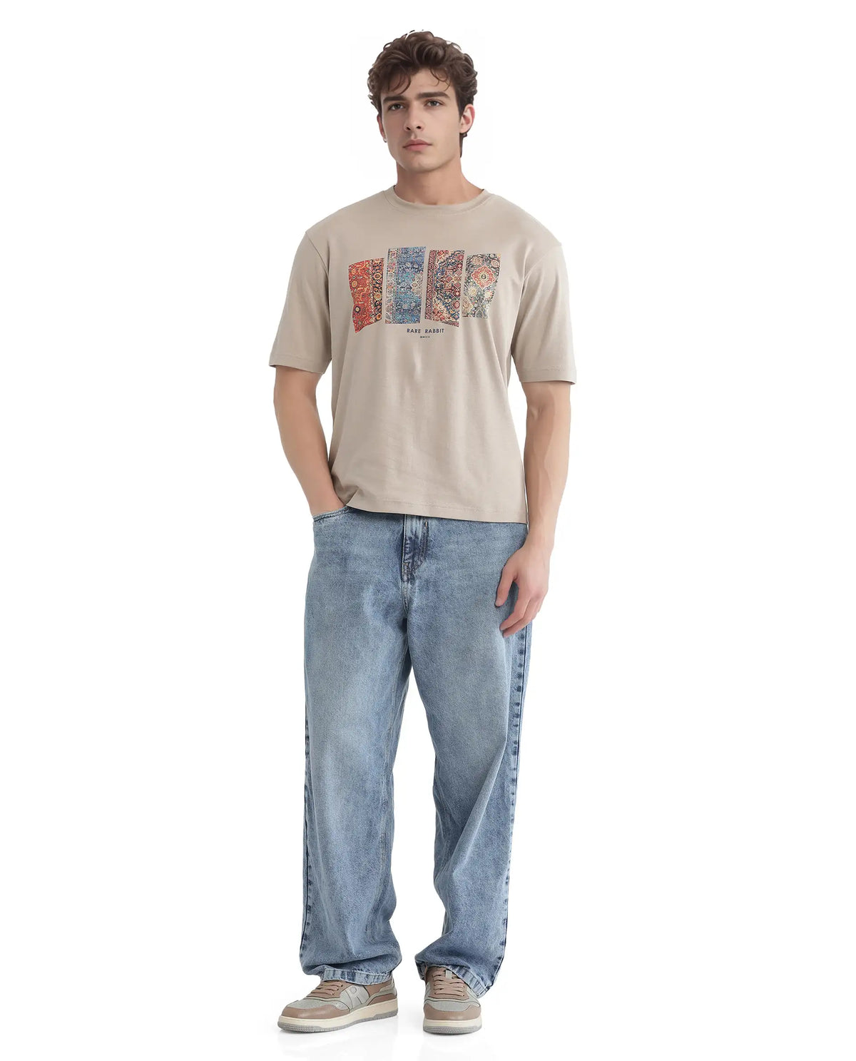 Rare Rabbit Men's Lino Dusky Beige Cotton Graphic Print Qlo Fit Half Sleeve Crew Neck T-Shirt
