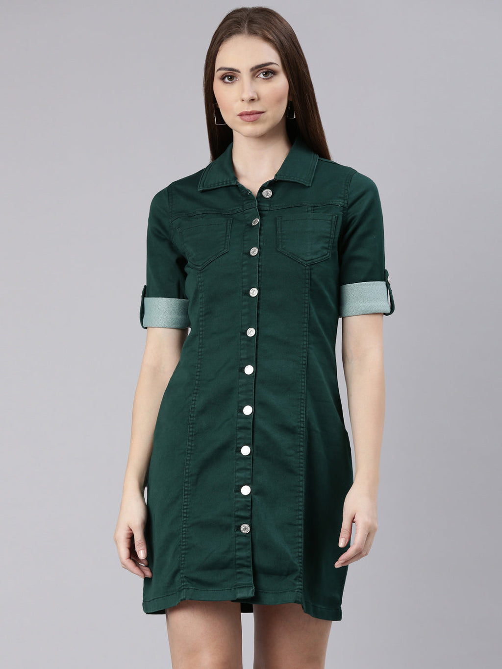 Women's Green Roll Up Sleeves Cotton Shirt Dress
